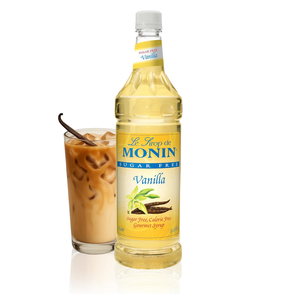 Monin Sugar Free Vanilla Syrup bottle showing zero-sugar flavor for drinks.