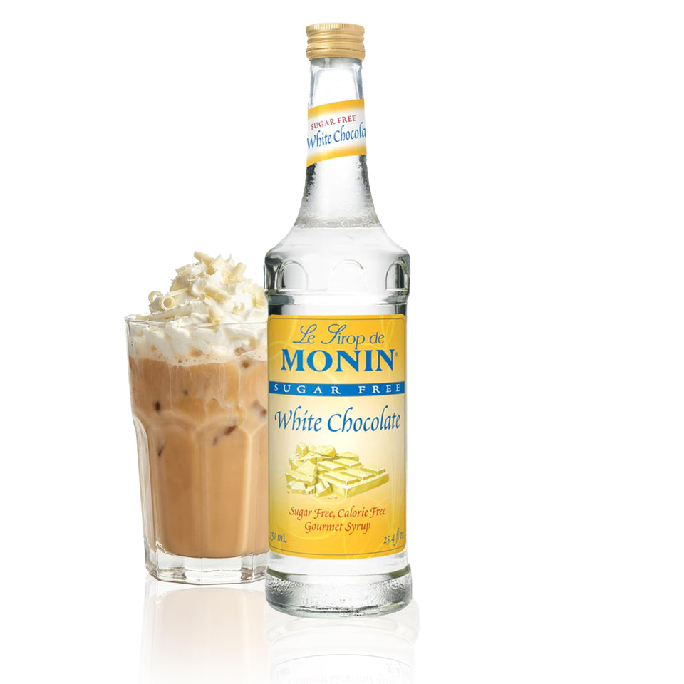 Monin Sugar Free White Chocolate syrup bottle for gourmet coffee and desserts
