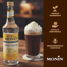 Monin Sugar Free White Chocolate syrup bottle used as a dessert topping