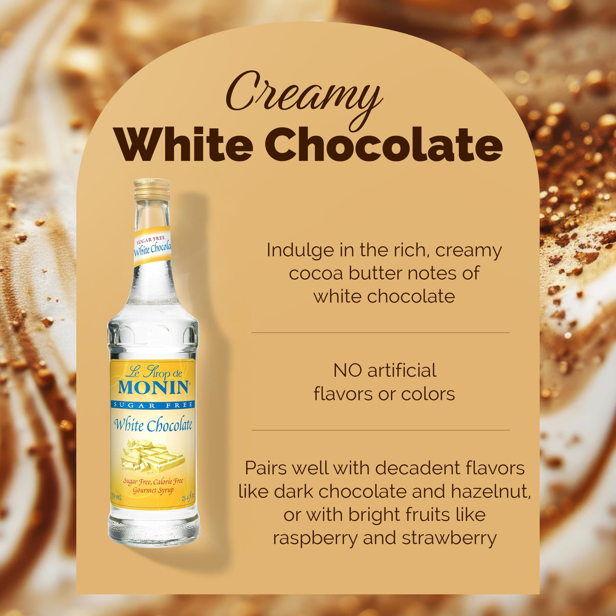 Monin Sugar Free White Chocolate syrup poured into a warm beverage