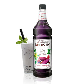 Monin Ube Blend Syrup bottle pour highlights vibrant color for beverages.