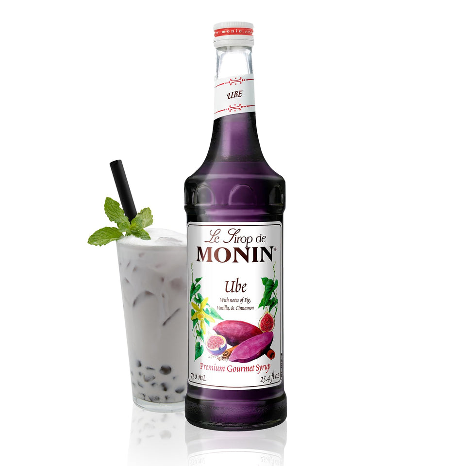 Monin Ube Blend Syrup bottle on counter enhances beverages with vibrant color