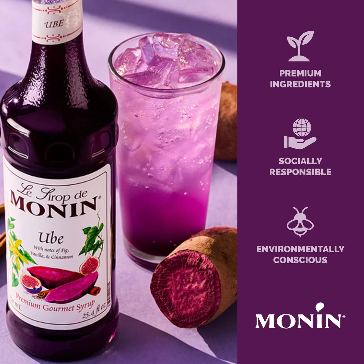 Monin Ube Blend Syrup added to coffee for cinnamon warmth and depth