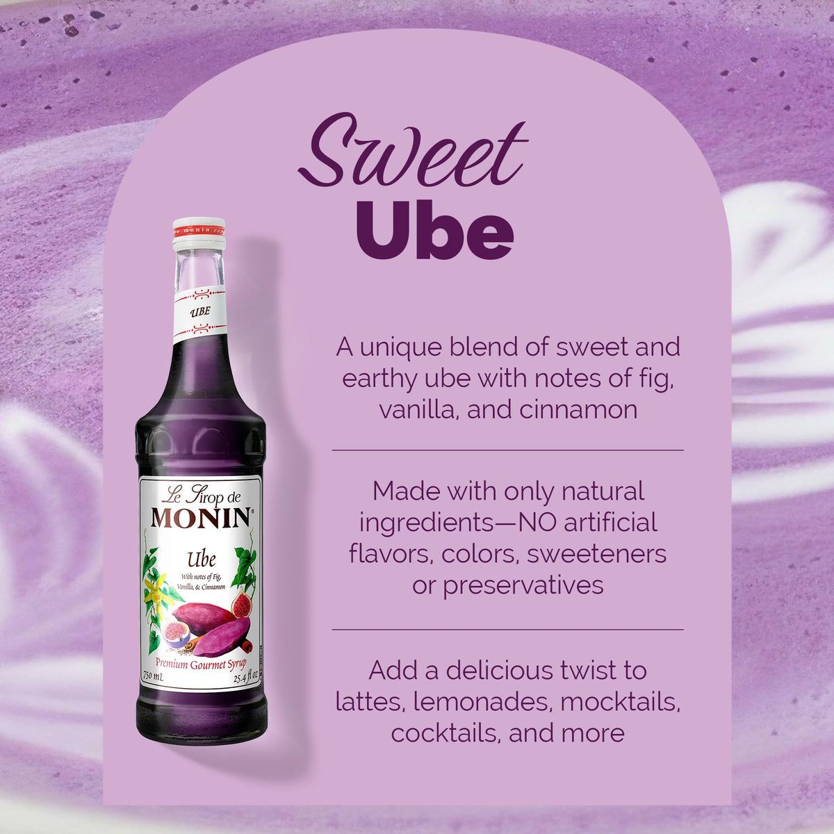 Glass of bright purple Monin Ube Blend Syrup color in lemonade