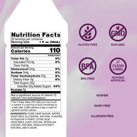 Monin Ube Blend Syrup glass highlights dairy-free, gluten-free versatility.