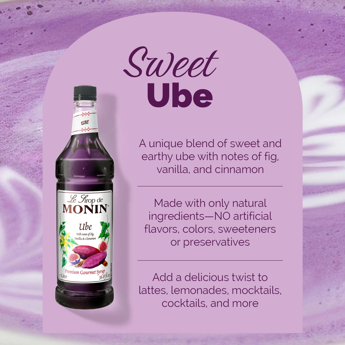 Monin Ube Blend Syrup latte-amber suggests rich, dairy-free coffee flavor.