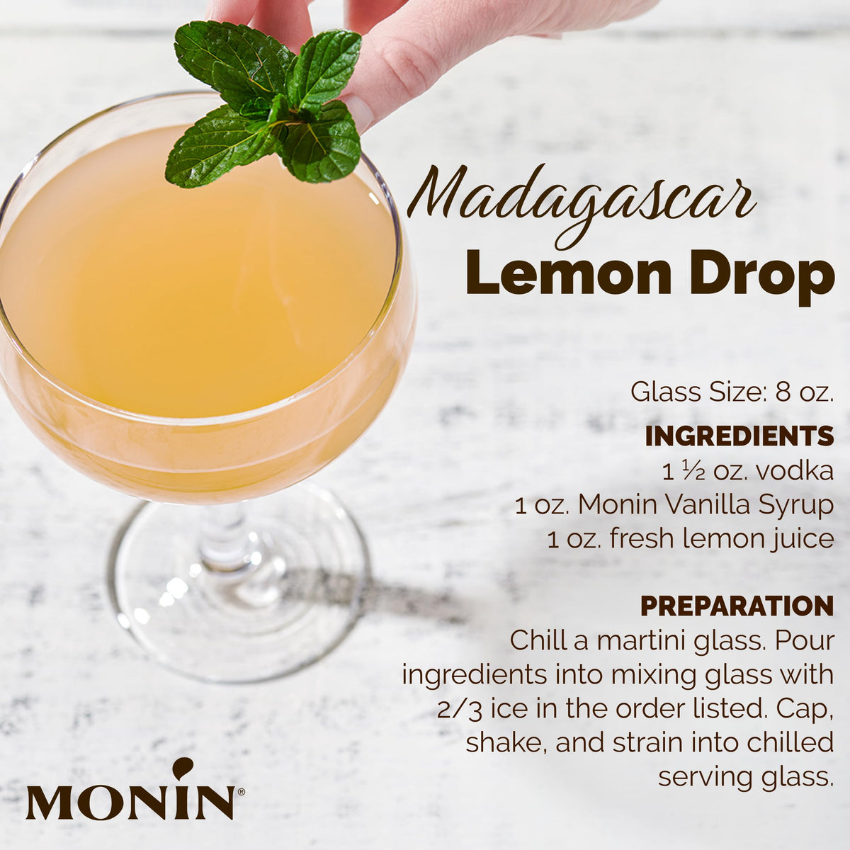 Monin Vanilla Syrup bottle with clean-label ingredients appeals to allergen-free shoppers.