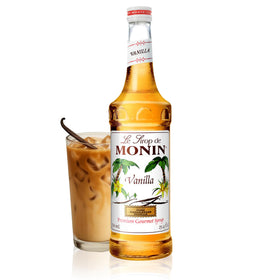 Monin Vanilla Syrup bottle close-up highlights Madagascar vanilla for cafe-quality beverages at home.