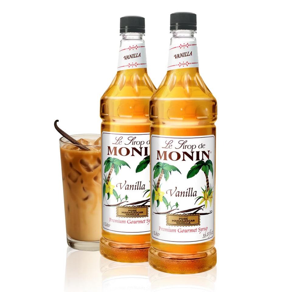 Monin Vanilla Syrup bottle front with Madagascar vanilla aroma