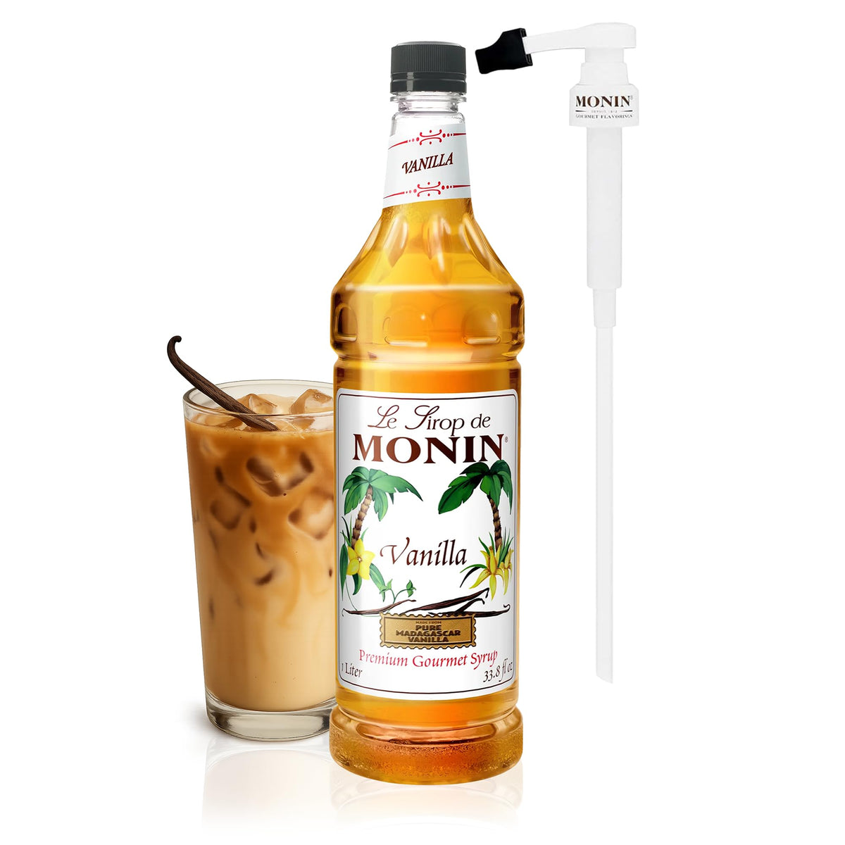 Monin Vanilla Syrup bottle pour shows rich Madagascar vanilla for drinks and desserts.