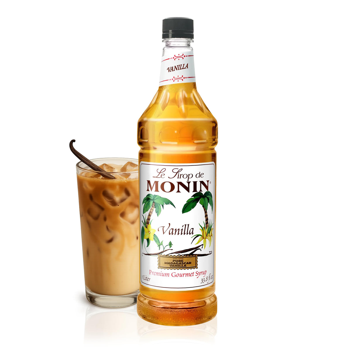 Monin Vanilla Syrup bottle viewed from the top for premium Madagascar vanilla flavor at home
