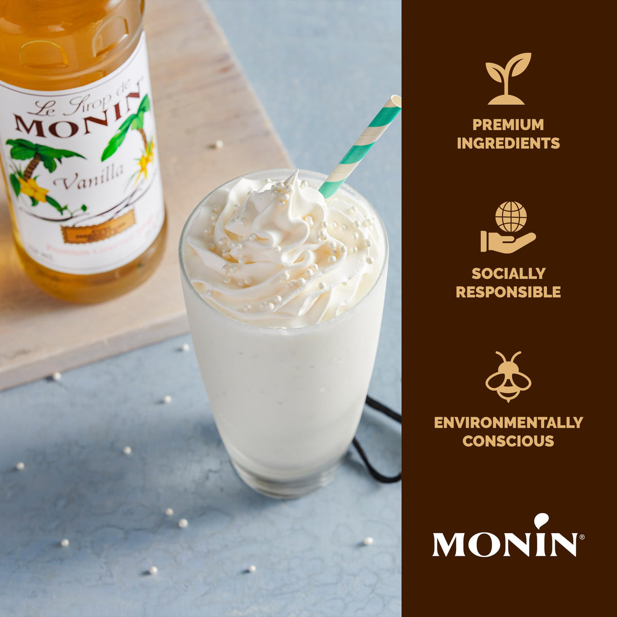 Monin Vanilla Syrup cocktail glass suggests depth in cocktails and festive drinks.