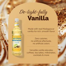 Monin Vanilla Syrup poured into coffee for a cafe-style latte.