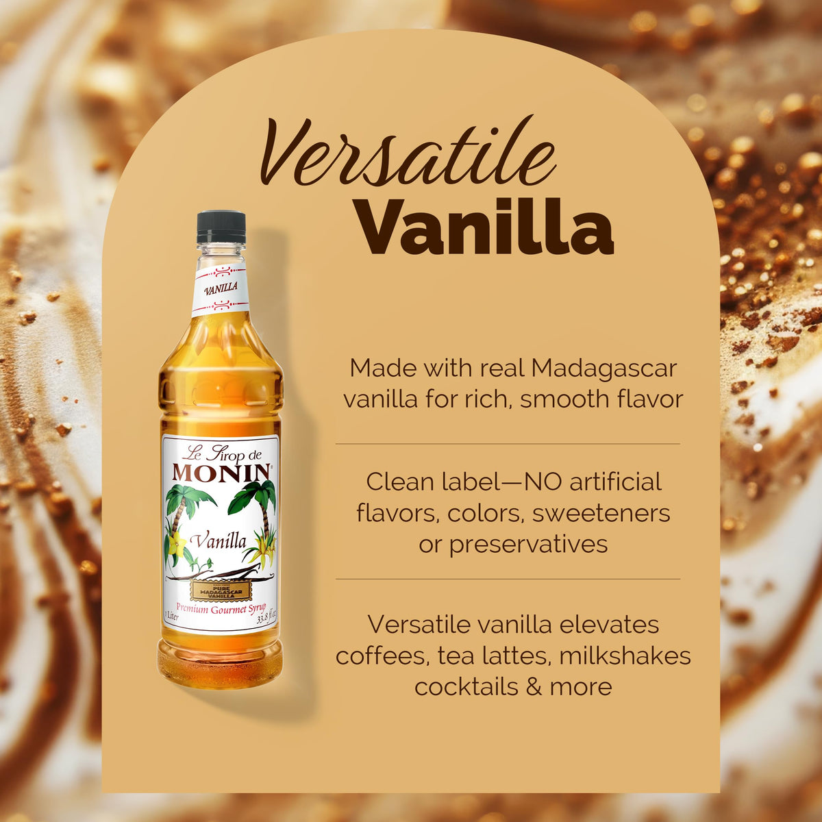 Close-up of Monin Vanilla Syrup label emphasizing clean label and no artificial additives.