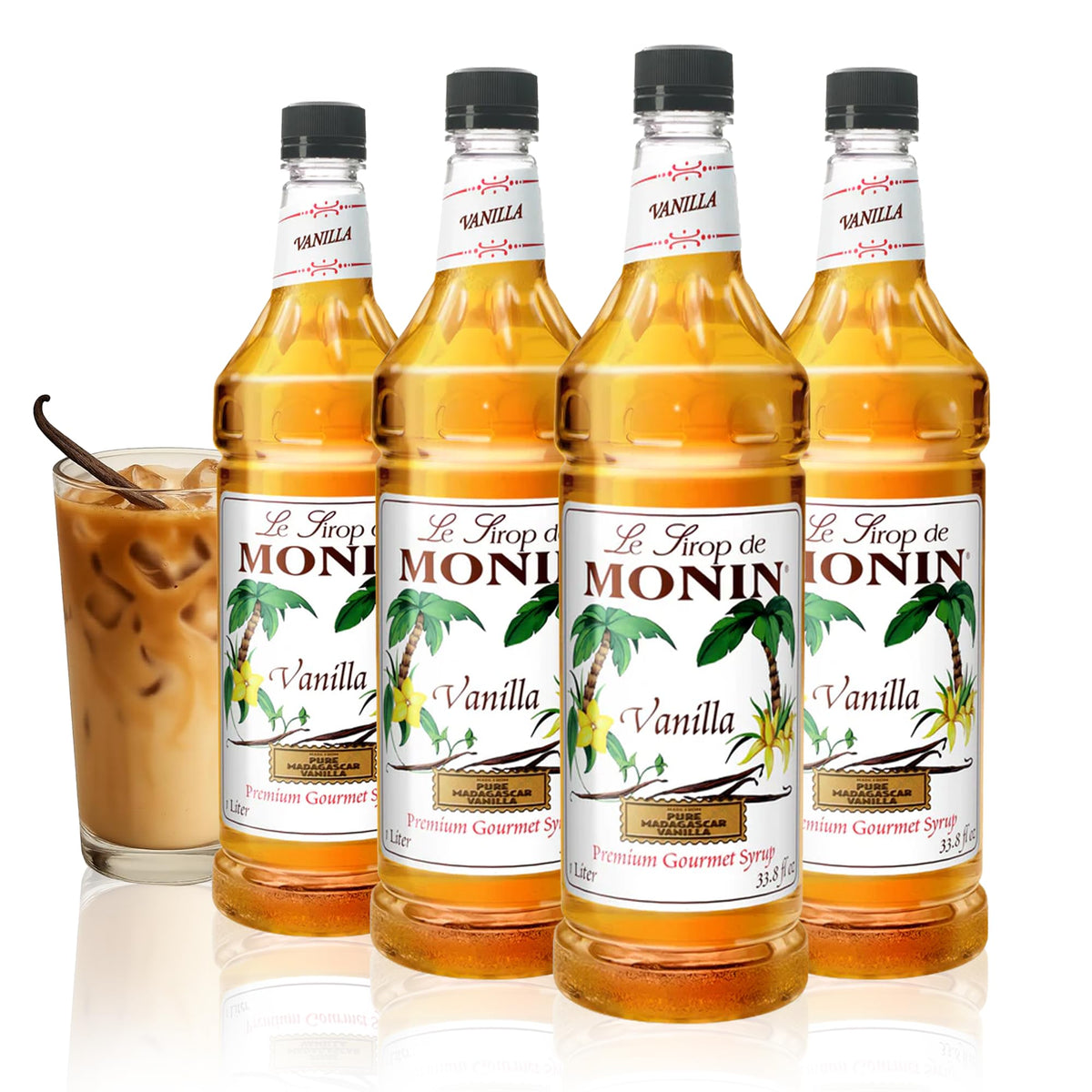 Monin Vanilla Syrup Madagascar bottle highlighting premium vanilla flavor for beverages.