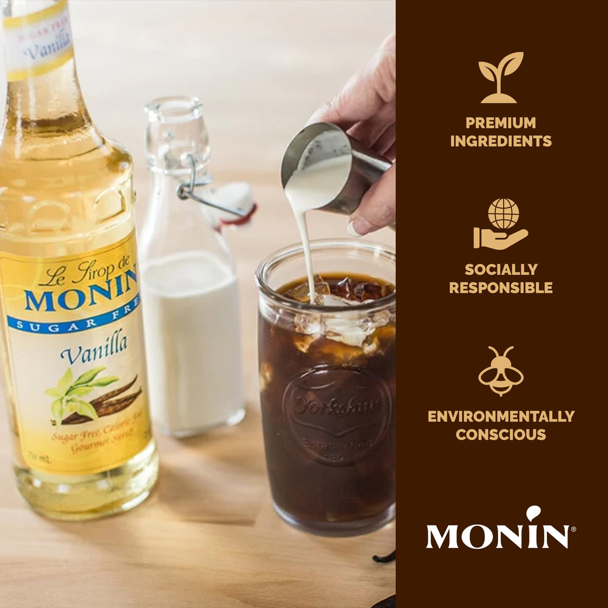 Monin Sugar Free Vanilla Syrup poured into a glass for a vanilla drink.