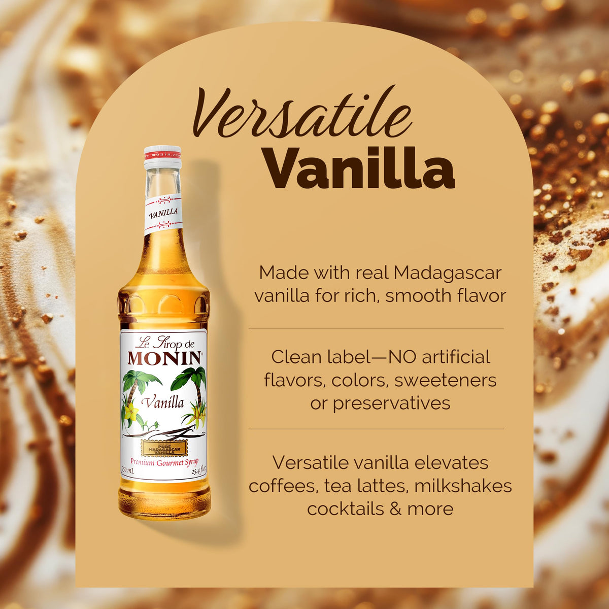 Monin Vanilla Syrup pump-cap setup enables mess-free, consistent flavor in drinks.