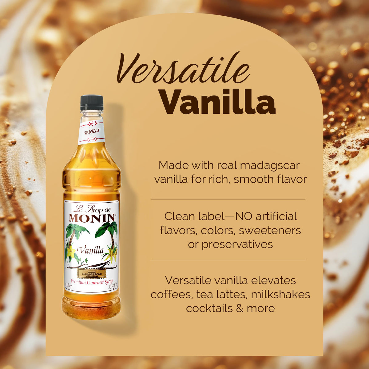 Monin Vanilla Syrup shake glass demonstrates versatile flavor in shakes and smoothies.