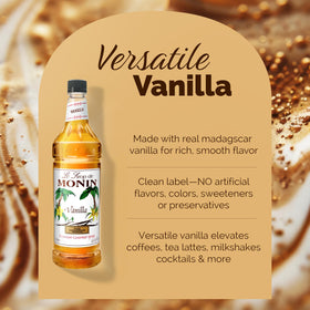 Monin Vanilla Syrup shake glass demonstrates versatile flavor in shakes and smoothies.