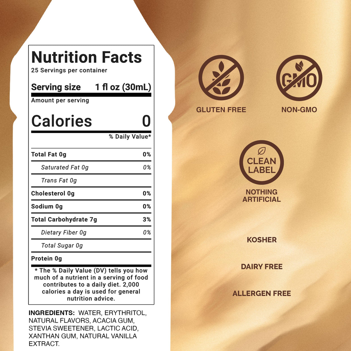 Monin Vanilla Zero Calorie bottle closeup reveals natural vanilla aroma for beverages