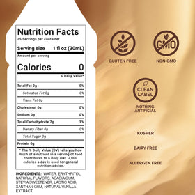 Monin Vanilla Zero Calorie bottle closeup reveals natural vanilla aroma for beverages