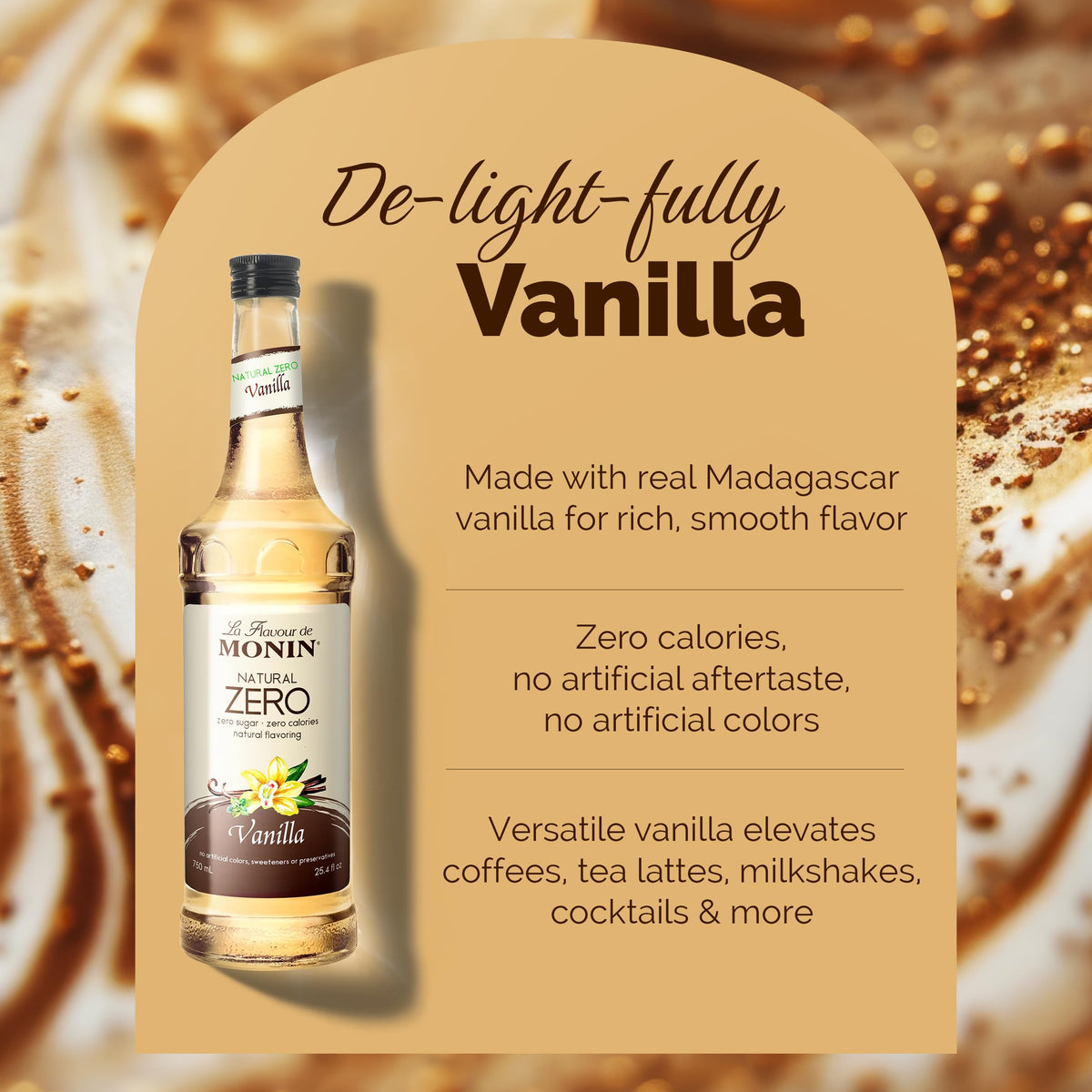 Monin Vanilla Zero Calorie bottle label highlights zero artificial ingredients