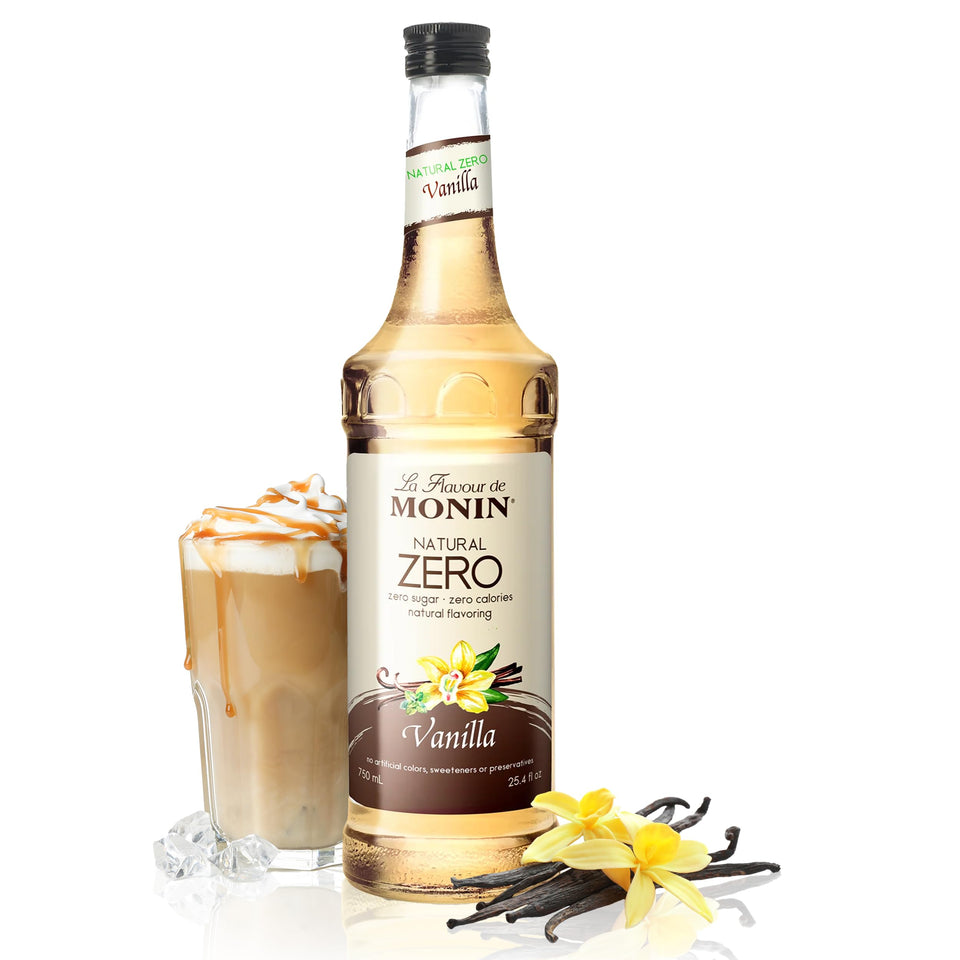 Monin Vanilla Zero Calorie bottle pour enhances coffee with sugar-free flavor