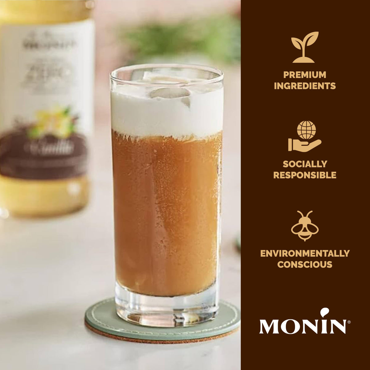 Monin Vanilla Zero Calorie coffee cup featuring creamy, sugar-free vanilla notes