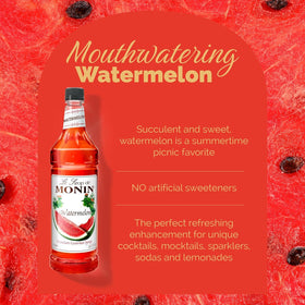 Closeup of Monin Watermelon Syrup texture, hinting at juicy, sun-kissed sweetness.