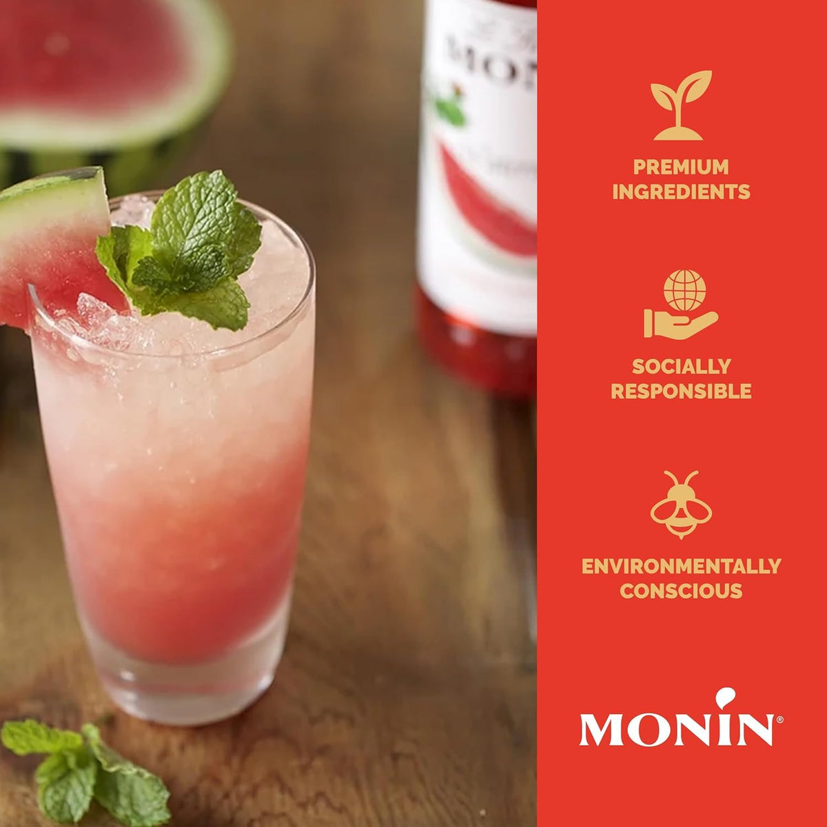 Monin Watermelon Syrup packaging and bottle, eco-friendly materials and label.