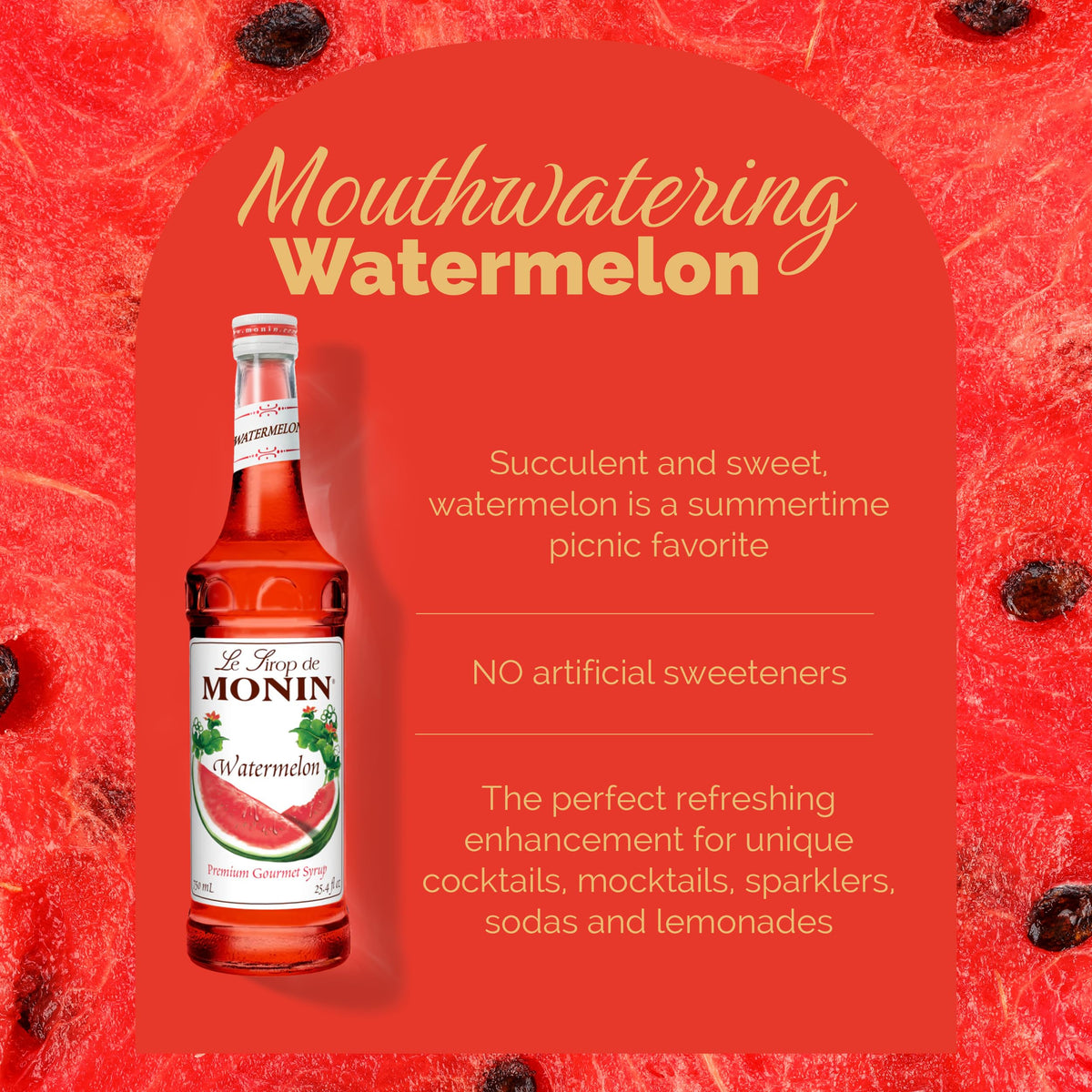 Monin Watermelon Syrup poured into a sparkling soda glass for refreshment