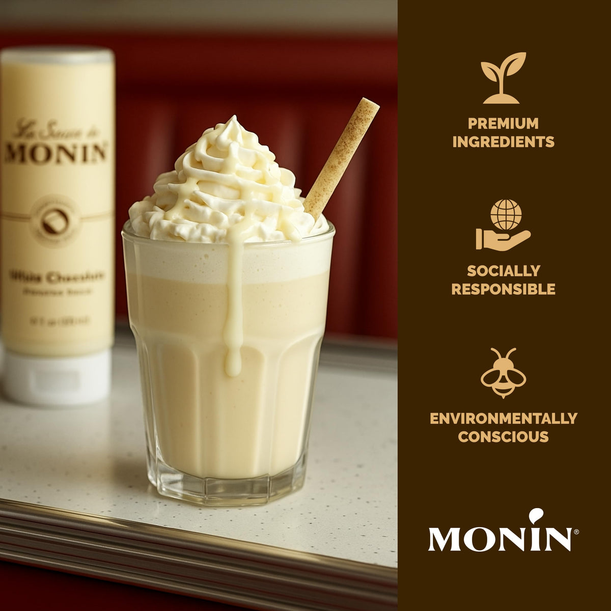 Monin White Chocolate Sauce cake icing creates a glossy creamy finish