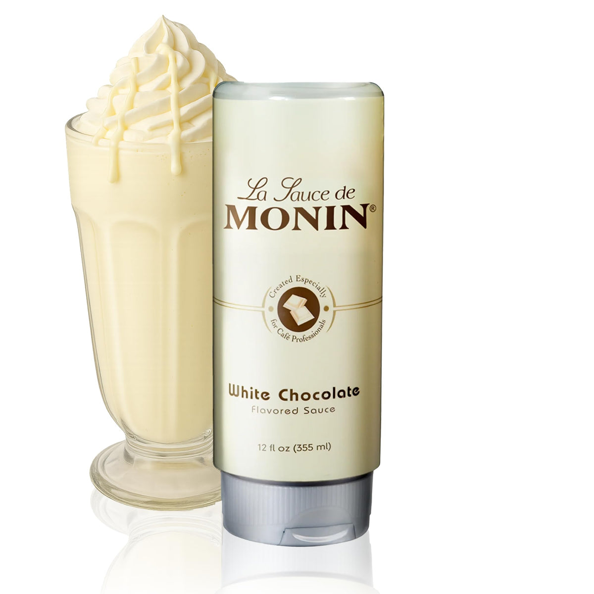 Monin White Chocolate Sauce pour enhances coffee and desserts with creamy buttery flavor