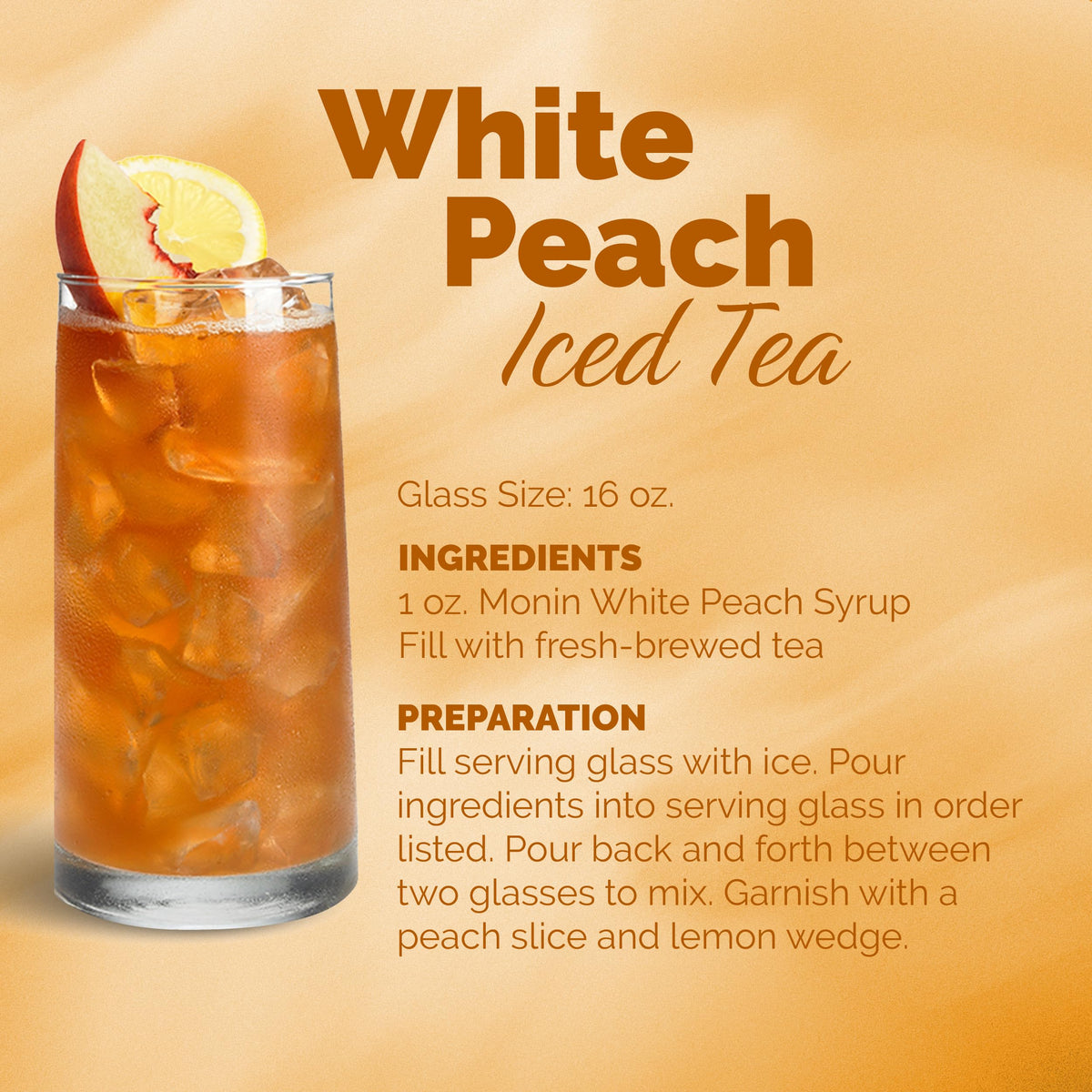 Monin White Peach Syrup 4-pack display illustrating home bar versatility.