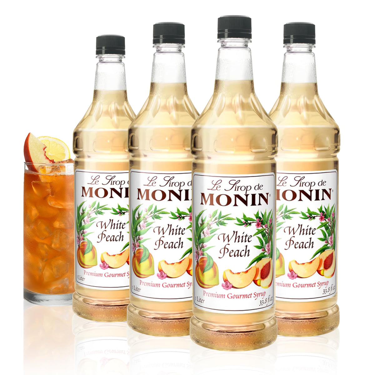 Monin White Peach Syrup bottle hero, ideal for cocktails and iced teas.