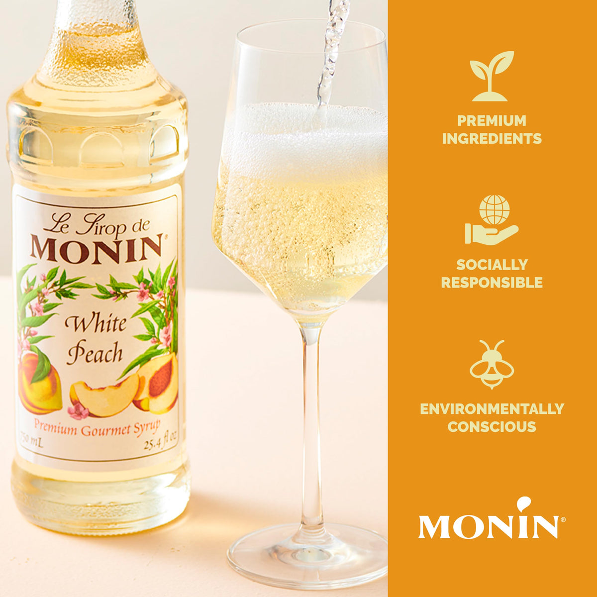 Monin White Peach Syrup pour over iced tea to boost peach