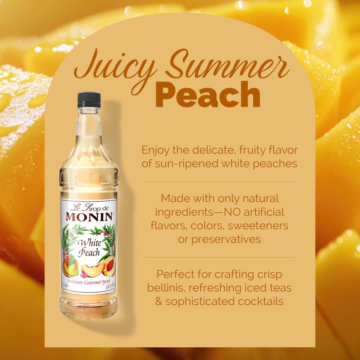 Monin label highlights allergen-free and non-GMO attributes for versatile mixes.