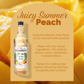 Monin White Peach Syrup being poured into a glass for vibrant cocktails.