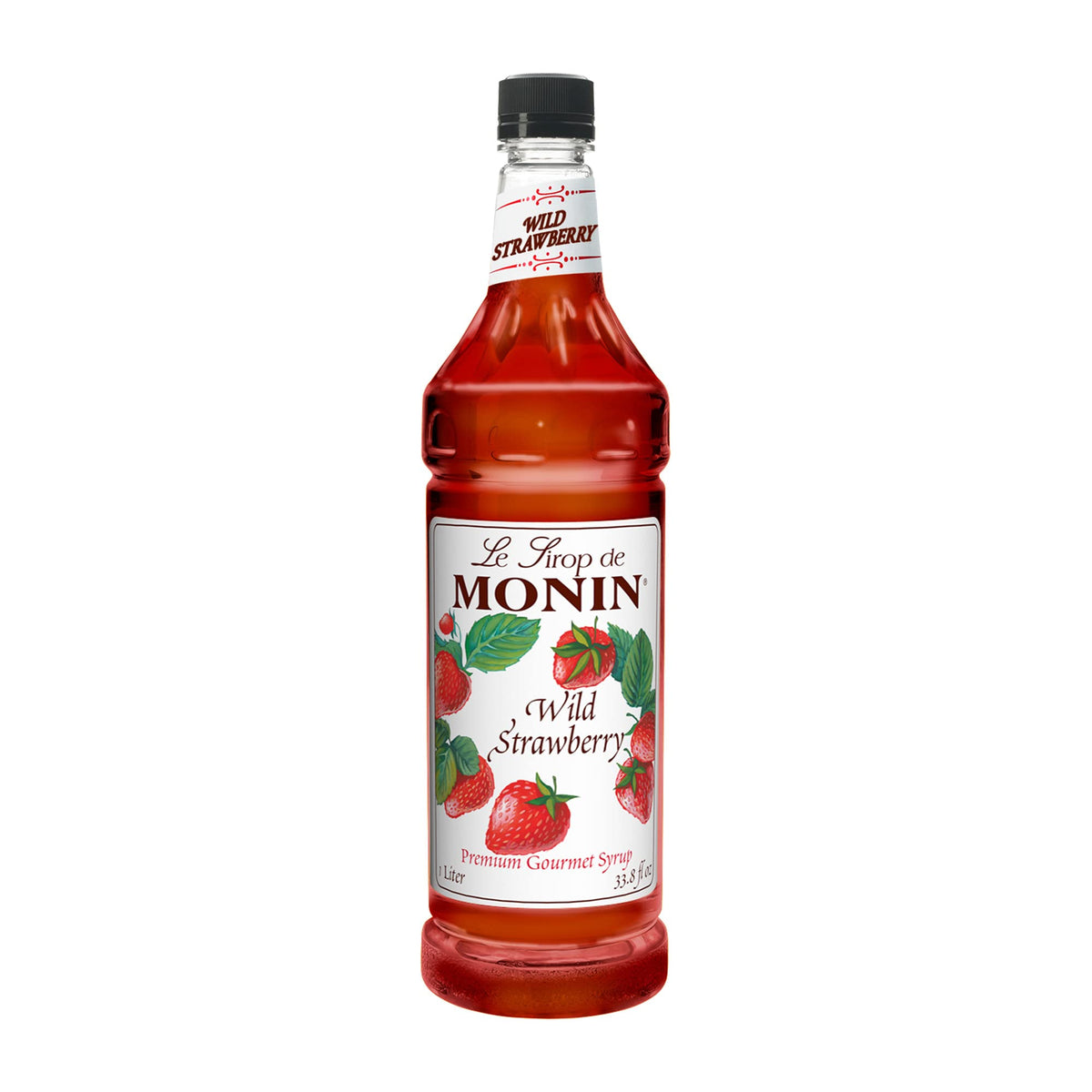 Monin Wild Strawberry Syrup 1L bottle showcases vibrant berry aroma for beverages