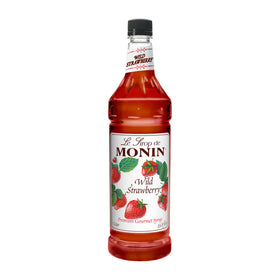 Monin Wild Strawberry Syrup 1L bottle showcases vibrant berry aroma for beverages