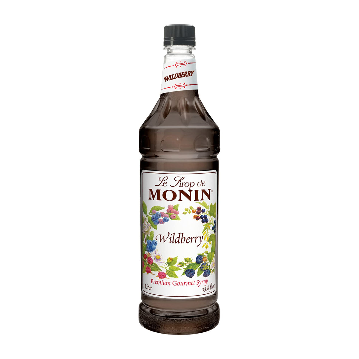Monin Wildberry syrup bottle front showcases rich berry flavor for cocktails and desserts.