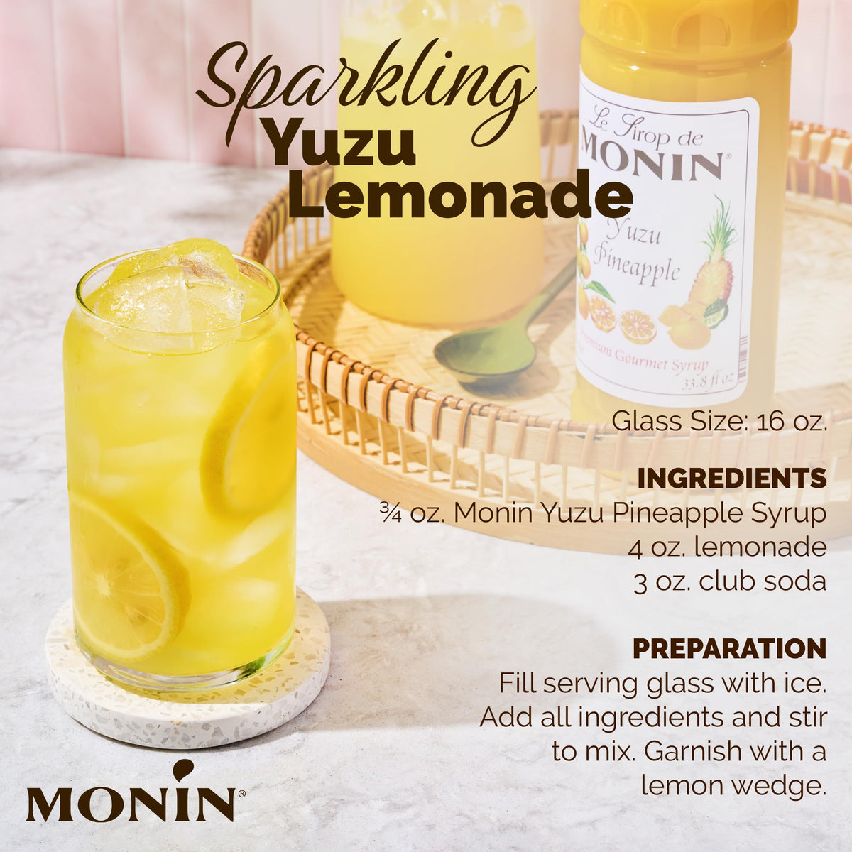 Monin Yuzu Pineapple Syrup brightens lemonade with pineapple and yuzu.