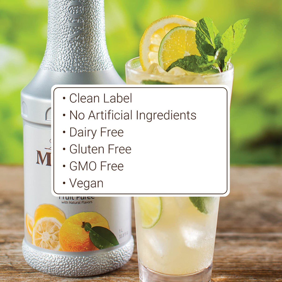 Monin Yuzu Purée packaging emphasizes clean label and sustainable materials.