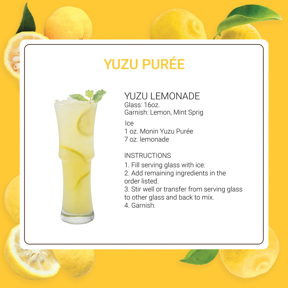 Monin Yuzu Purée beside fresh lemons, ideal for soda and iced tea creations.