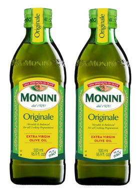 Monini Extra Virgin Olive Oil bottle 2-pack ready for kitchen use.