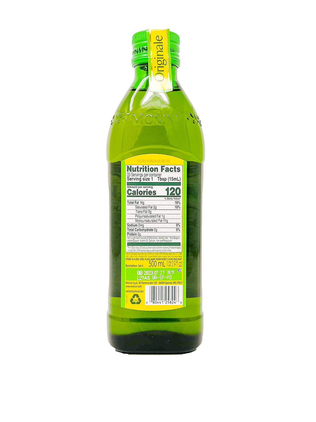 Monini Extra Virgin Olive Oil bottle pour close-up for drizzling.