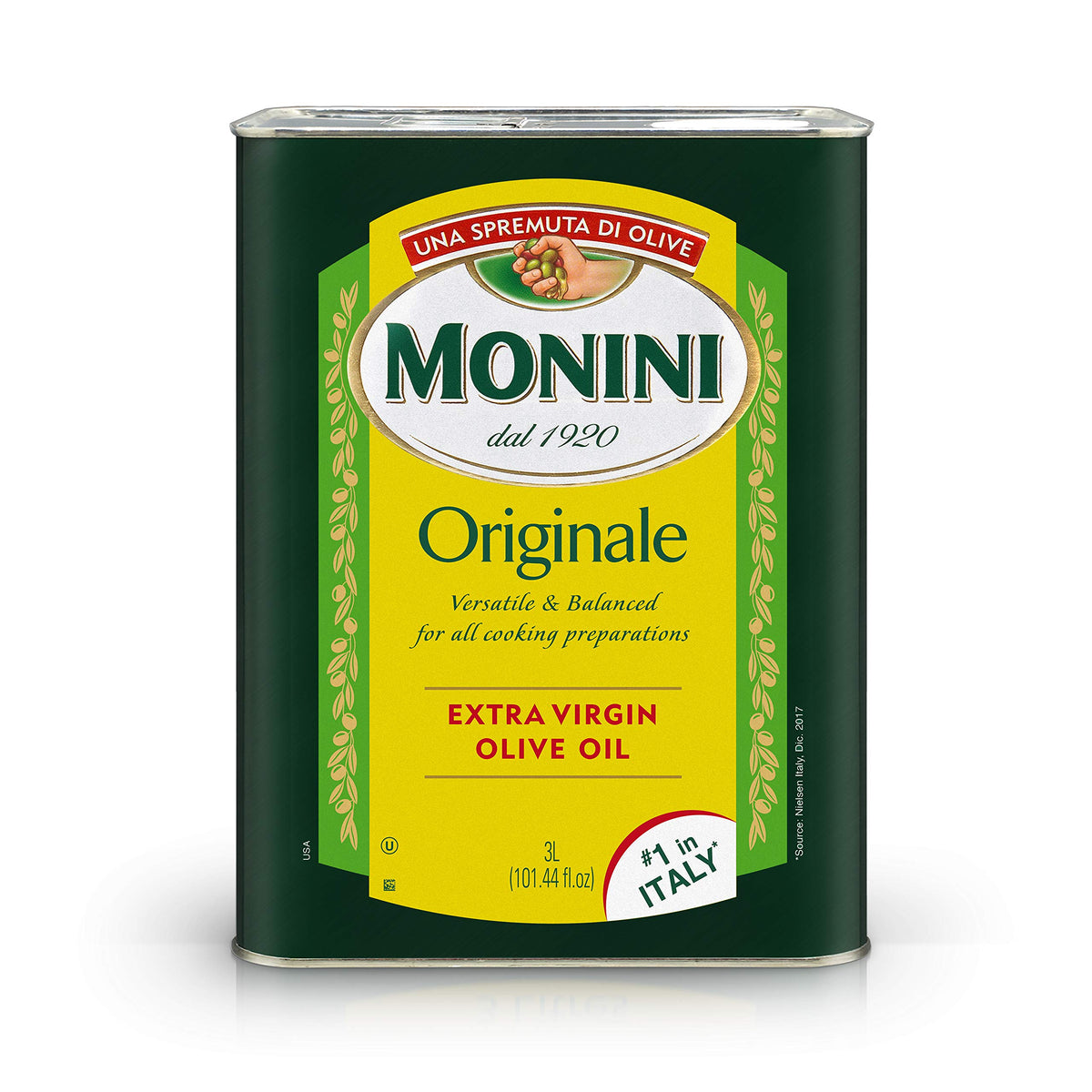 Monini Originale olive oil bottle top view showing premium Italian quality for dressings