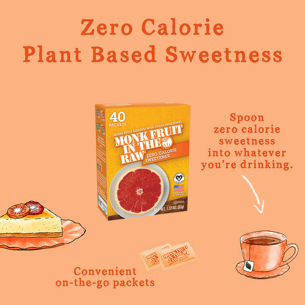 Monk Fruit In The Raw coffee application demonstrates sugar-free sweetness in cups.