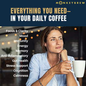 Monkey Brew Original ashwagandha infusion highlights stress-friendly adaptogen benefits.