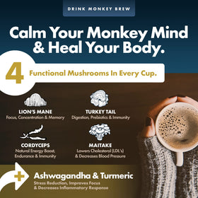 Monkey Brew Original ready-to-steep cup highlights simple preparation and rich cacao flavor.